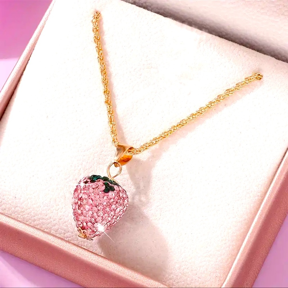 💖Sugar Lux 💖 Pink Crystal Strawberry Charm necklace 18k gold chain